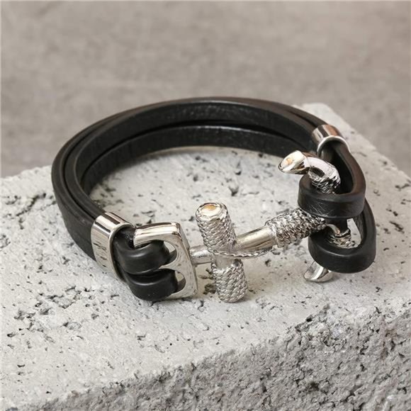 Double Layer Black Leather Bracelet for Men - Picture 5 of 6